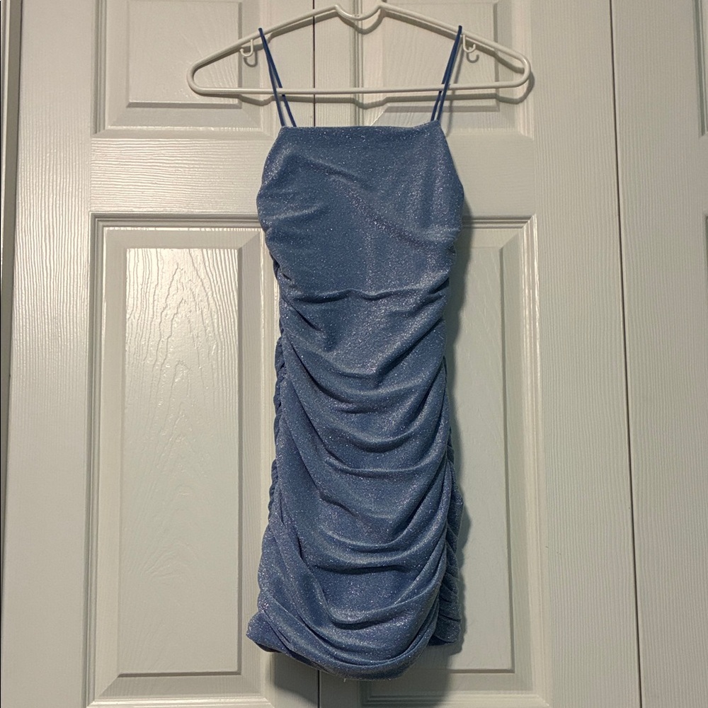 Junior's XXS Blue Ruched Bodycon Mini Dress
